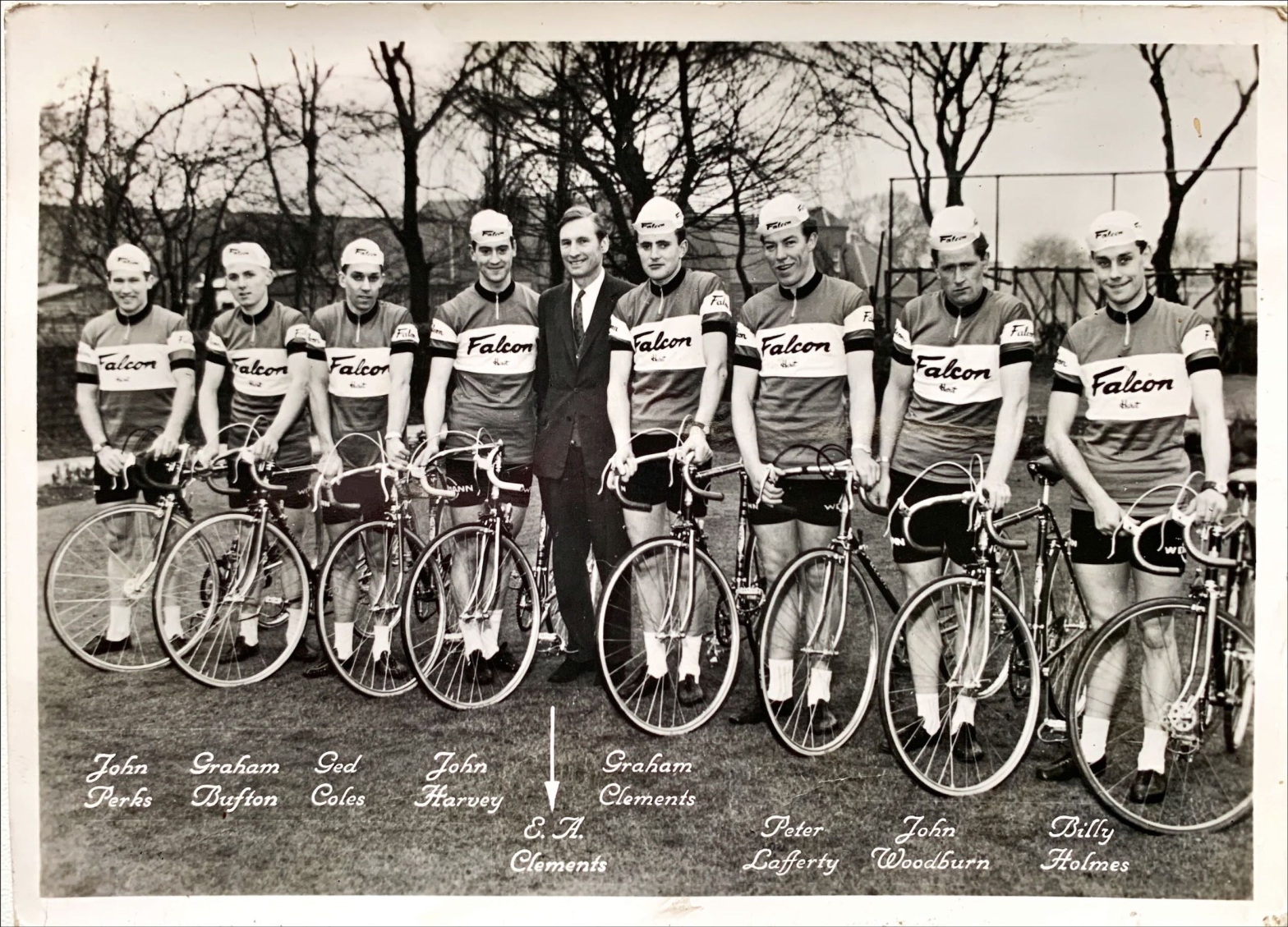 The 1963 Falcon team riders with bikes and manager